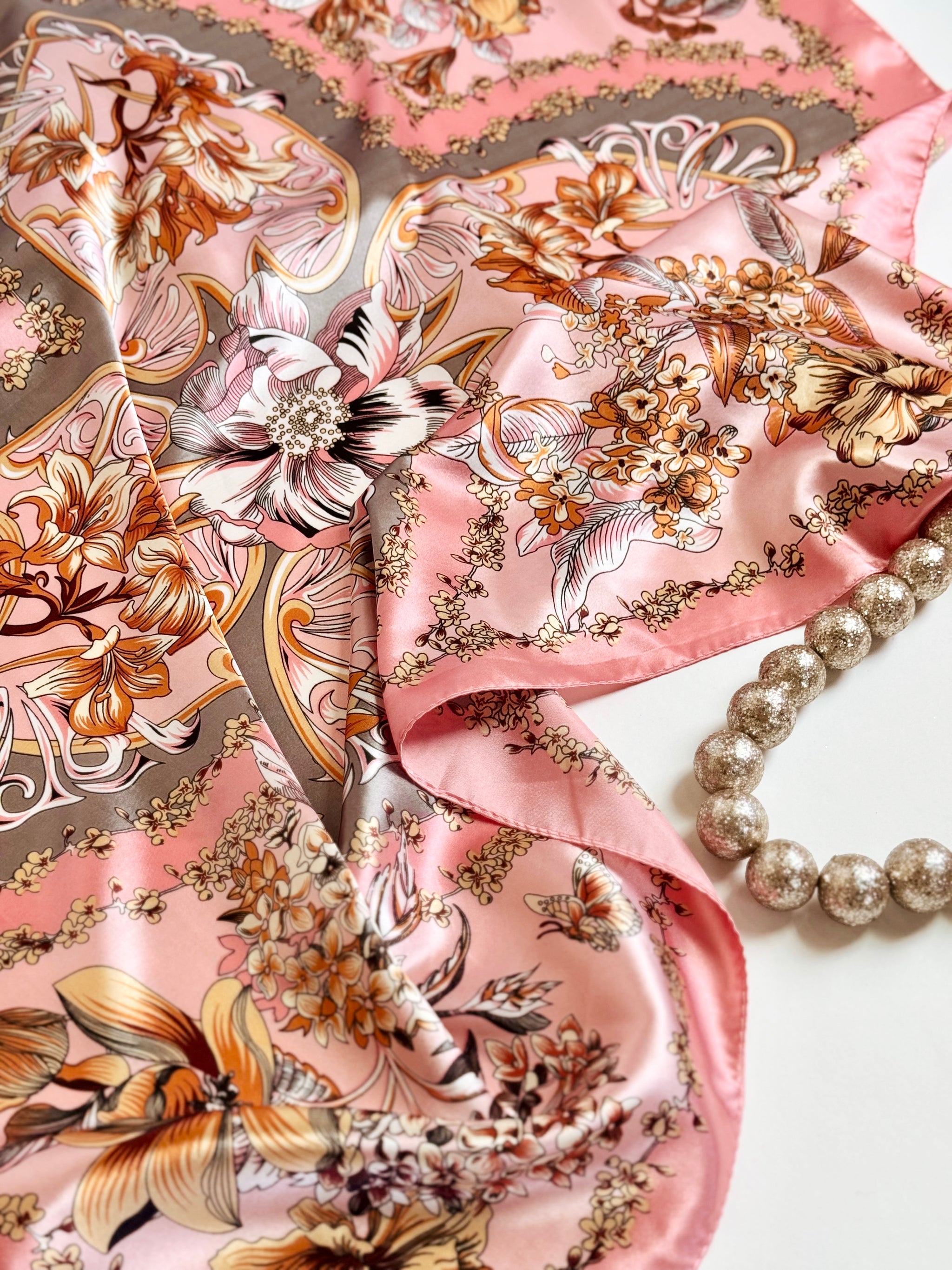 Floral & chain Silky Scarf Chain Luxury Silk Scarf – MAZONKIKI main image 4